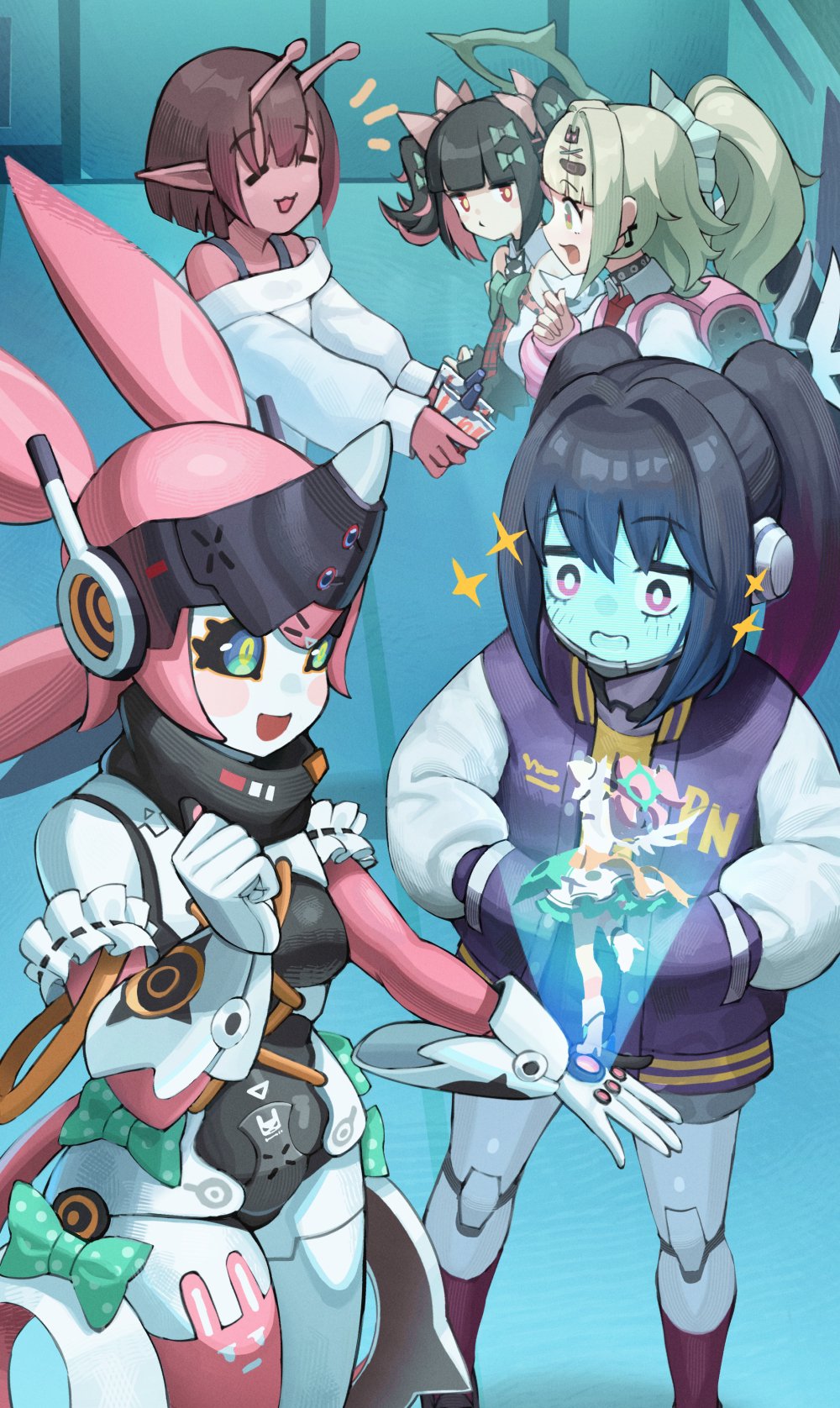 5girls, angels_of_delusion, aria_(zenless_zone_zero), arm_warmers, bandaid, bandaid_hair_ornament, blue_skin, bow