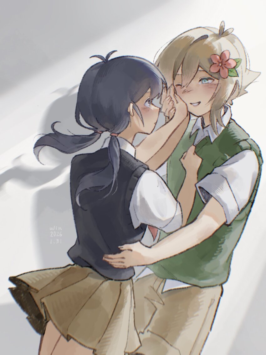 1boy, 1girl, antenna_hair, basil_(faraway)_(omori), basil_(omori), black_eyes, black_hair, black_sweater_vest, blonde_hair, blue_eyes, blush, brown_shorts, brown_skirt, closed_mouth, collared_shirt, commentary, double-parted_bangs, english_commentary, flower, genderswap, genderswap_(mtf), green_sweater_vest, hair_between_eyes, hair_flower, hair_ornament, highres, long_hair, looking_at_another, low_twintails, o51515o, omori, one_eye_closed, parted_lips, pleated_skirt, shirt, short_hair, short_sleeves, shorts, sidelocks, skirt, smile, sunny_(omori), sweater_vest, twintails, white_shirt