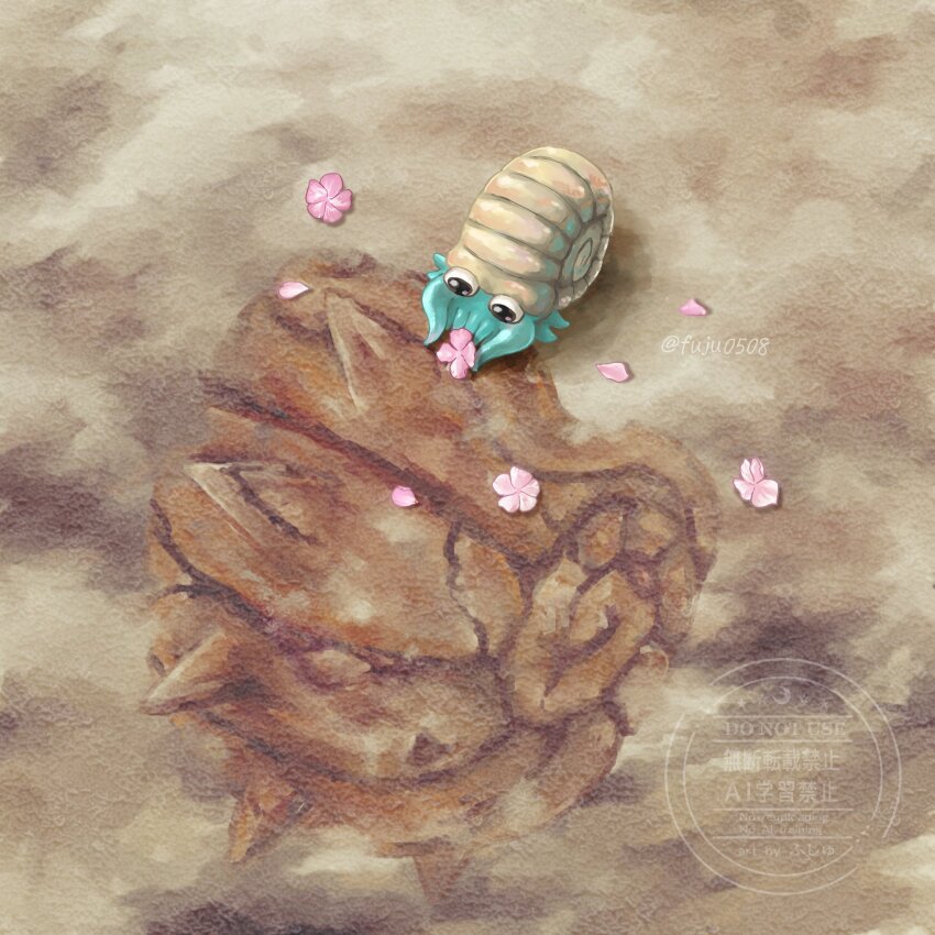 1other, absurdres, black_eyes, flower, fossil, fuju1012, gen_1_pokemon, highres, holding, holding_flower, mother_and_child, nintendo, no_humans, omanyte, outdoors, parent_and_child, petals, pink_flower, pink_petals, pokemon, pokemon_(creature), pokemon_focus, shell, tentacles, twitter_username