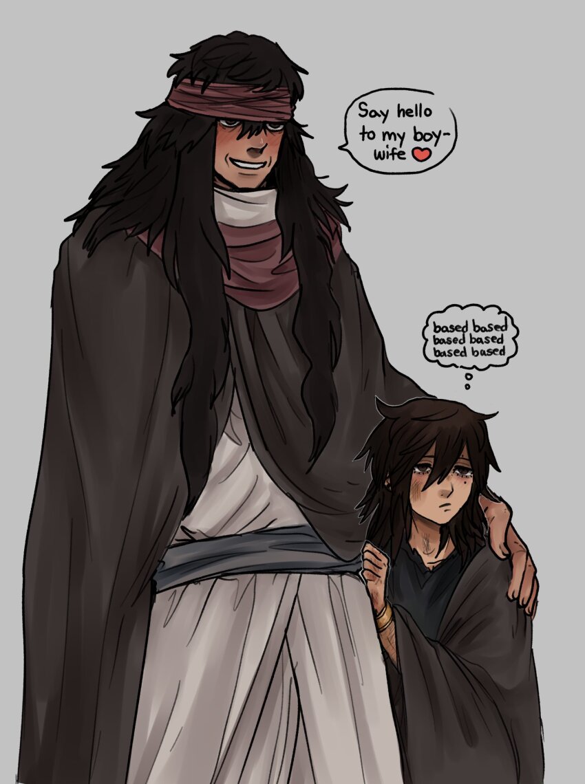 2boys, aged_down, alexis_(dotted_clouds), androgynous, arm_around_shoulder, az_(pokemon), blush, bracelet, brown_cloak, brown_hair, cloak, dotted_clouds, english_text, gold_bracelet, grin, hairband, hand_on_another's_shoulder, heart, height_difference, highres, jewelry, light_frown, male_focus, mature_male, medium_hair, mole, mole_under_eye, multiple_boys, nintendo, pokemon, pokemon_x_and_y, red_hairband, robe, smile, speech_bubble, tall_male, thought_bubble, white_robe, yaoi