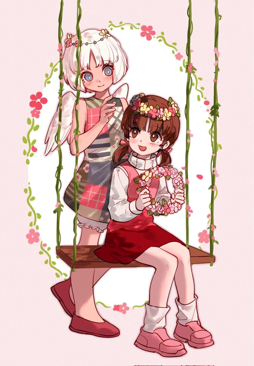 2girls, :d, angel_wings, atlus, blush, bright_pupils, brown_hair, child, closed_mouth, company_connection, curtained_hair, doujima_nanako, eyelashes, flower_wreath, happy, hashtag-only_commentary, head_wreath, highres, laishamark92077, maria_(metaphor:_refantazio), medium_hair, metaphor:_refantazio, multiple_girls, on_swing, open_mouth, persona, persona_4, red_shoes, red_skirt, shoes, short_hair, sitting, skirt, smile, sweater, swing, white_hair, white_pupils, white_sweater, wings