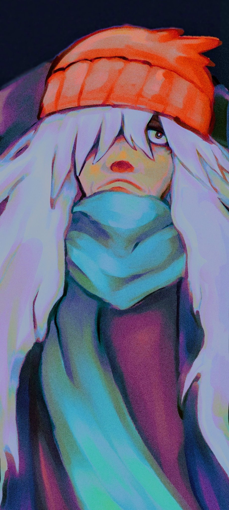 1boy, az_(pokemon), beanie, commentary, dotted_clouds, english_commentary, frown, green_scarf