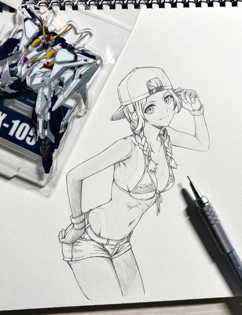 1girl, art_tools_in_frame, backwards_hat, baseball_cap, belt, braid, breasts, closed_mouth