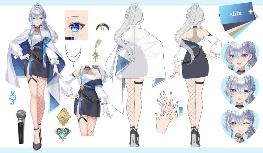 1girl, bare_shoulders, black_dress, black_shoes, blue_cape, blue_eyes, blue_hair, cape