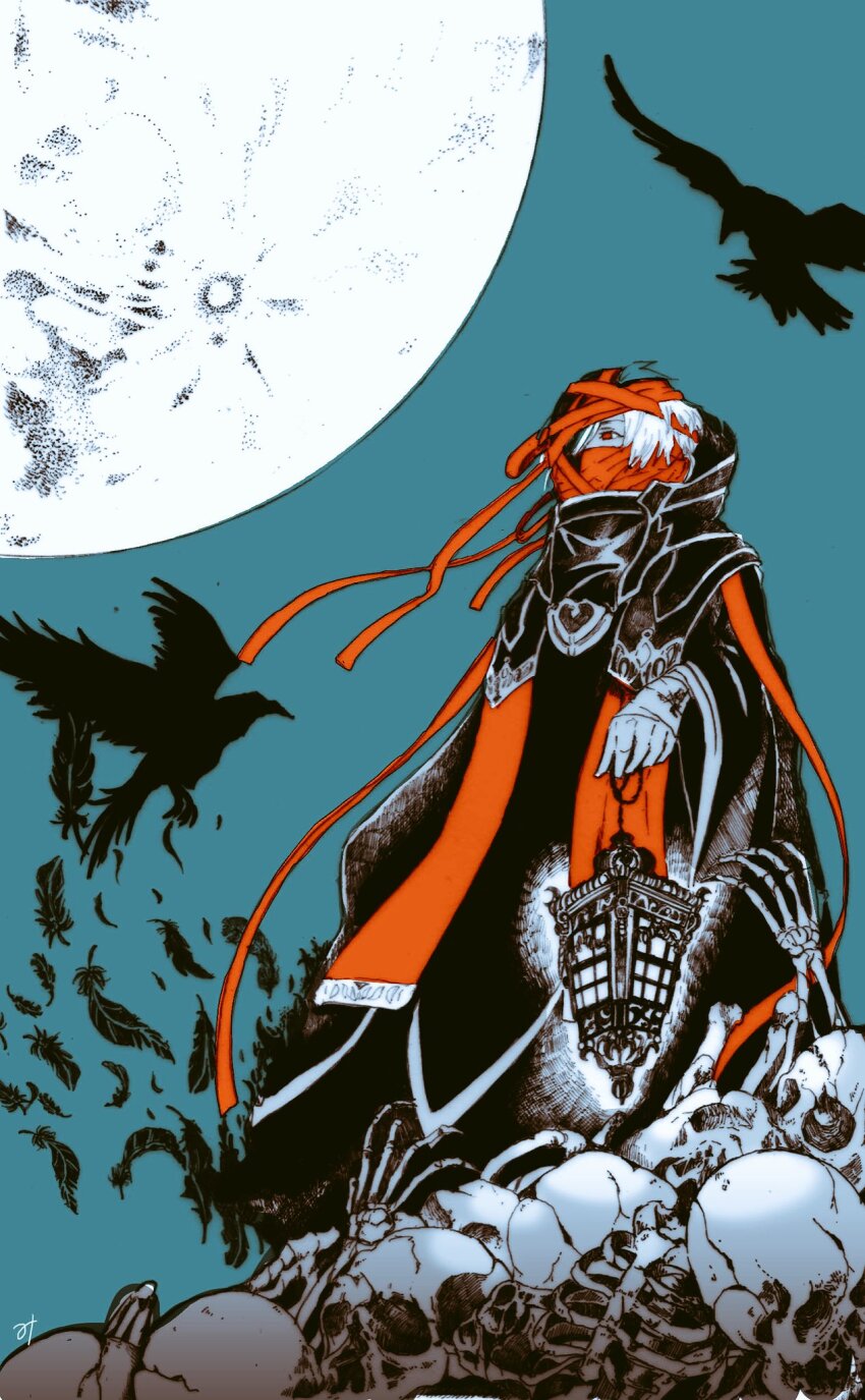 1boy, aqua_background, bad_id, bad_pixiv_id, bandaged_hand, bandaged_head, bandages, bird