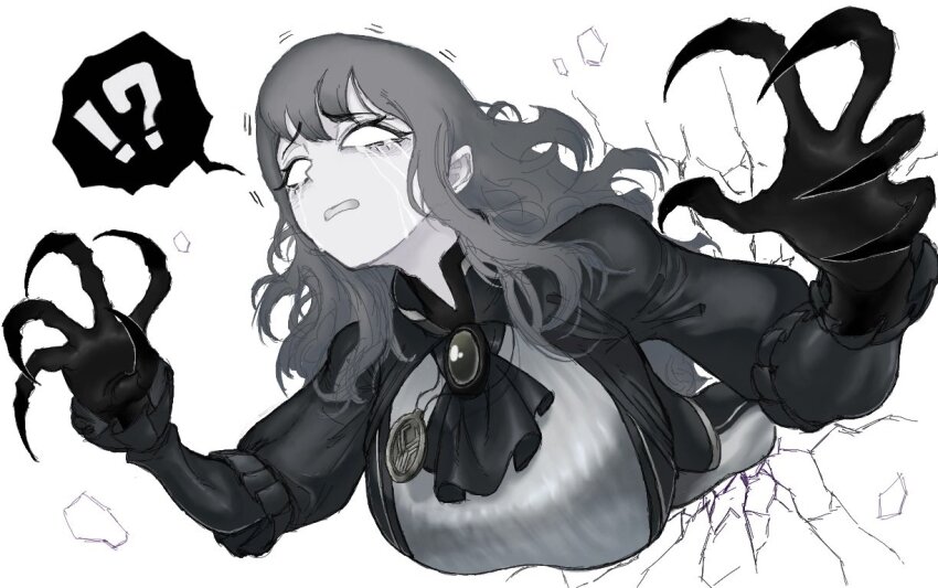 !, !?, 1girl, ?, ascot, black_ascot, blank_eyes, breasts, claws, colored_skin, commentary, crack, cracked_wall, crying, english_commentary, every_catherine_(project_moon), eyelashes, gem, grey_gem, grey_hair, large_breasts, limbus_company, long_hair, project_moon, sansan375223, spoilers, spoken_exclamation_mark, spoken_question_mark, streaming_tears, tears, through_wall, wavy_hair, white_eyes, white_skin