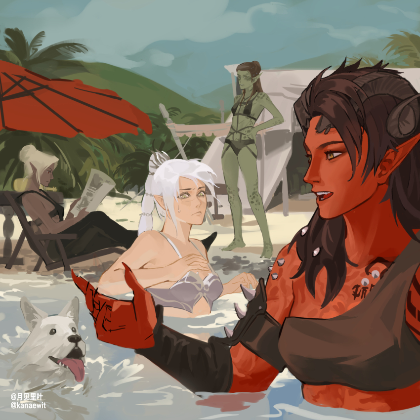 4girls, animal, baldur's_gate, baldur's_gate_3, bikini, black_bikini, black_hair, black_horns