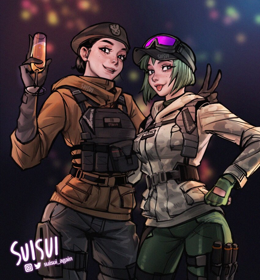 2girls, arm_up, artist_name, baseball_cap, belt, beret, black_hair, blurry, blurry_background, camouflage, camouflage_jacket, champagne_flute, commentary, cup, drinking_glass, ela_(rainbow_six_siege), english_commentary, eyewear_on_head, facing_viewer, gloves, goggles, goggles_on_headwear, green_gloves, green_hair, hair_bun, hand_on_own_hip, happy_new_year, hat, highres, holding, holding_cup, holster, instagram_logo, jacket, looking_to_the_side, military_combat_uniform, military_operator, military_uniform, multiple_girls, new_year, rainbow_six_siege, short_hair, siblings, side-by-side, signature, simple_background, sisters, smile, suisui_again, thigh_holster, thigh_strap, tongue, tongue_out, twitter_logo, twitter_username, upper_body, v, zofia_(rainbow_six_siege)