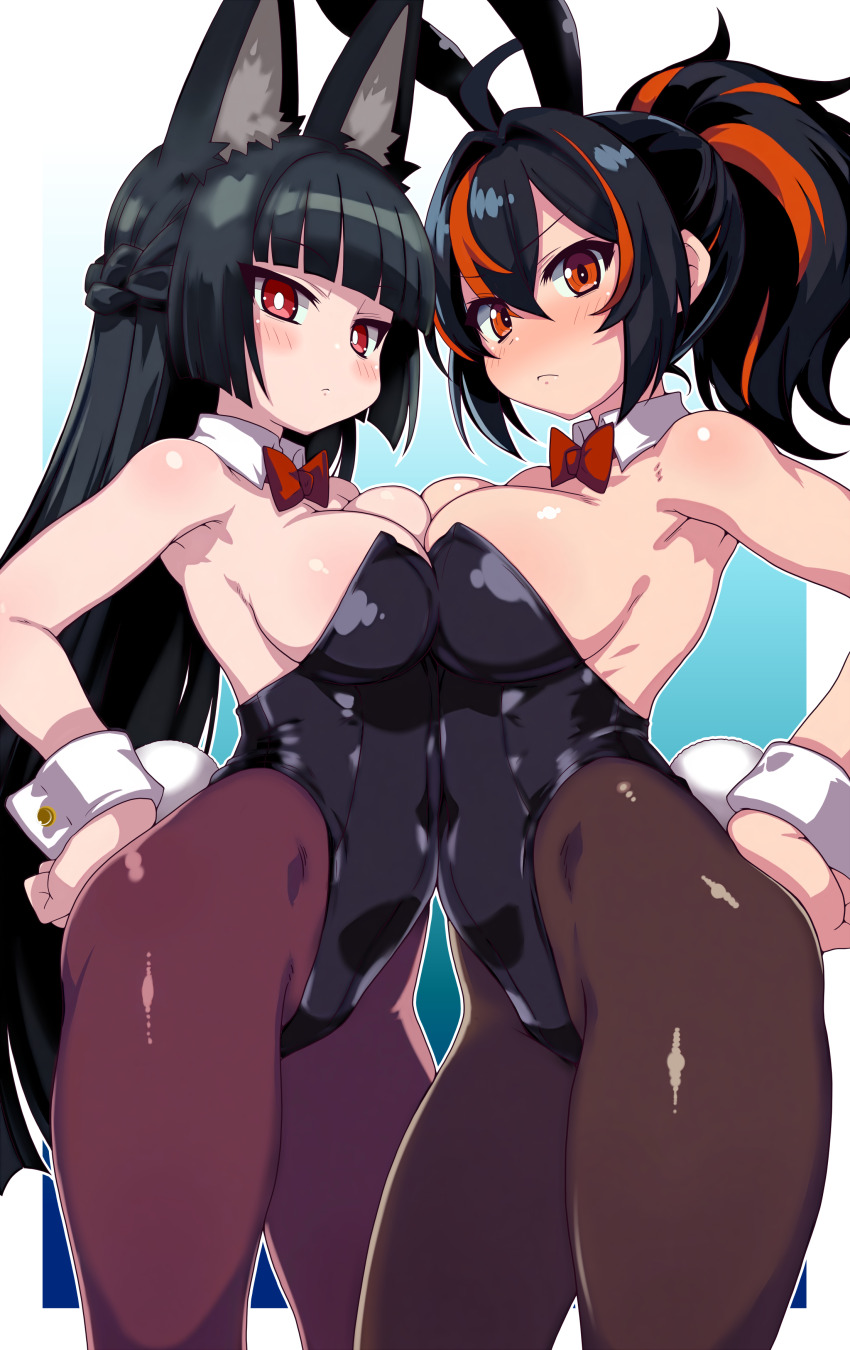 2girls, ahoge, animal_ear_fluff, animal_ears, asymmetrical_docking, bare_shoulders, black_hair, black_leotard