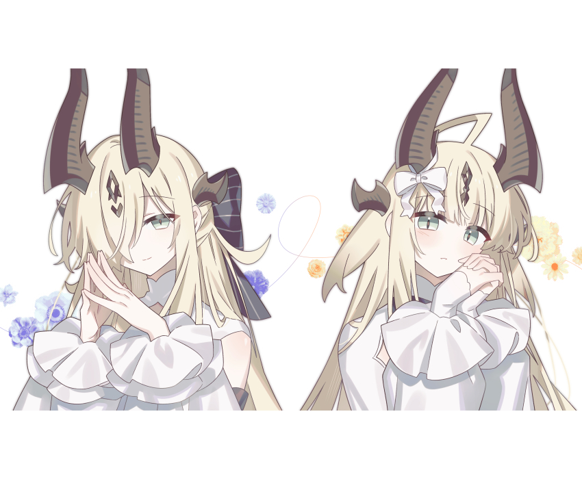 2girls, absurdres, ahoge, arknights, black_bow, blonde_hair, blush, bow