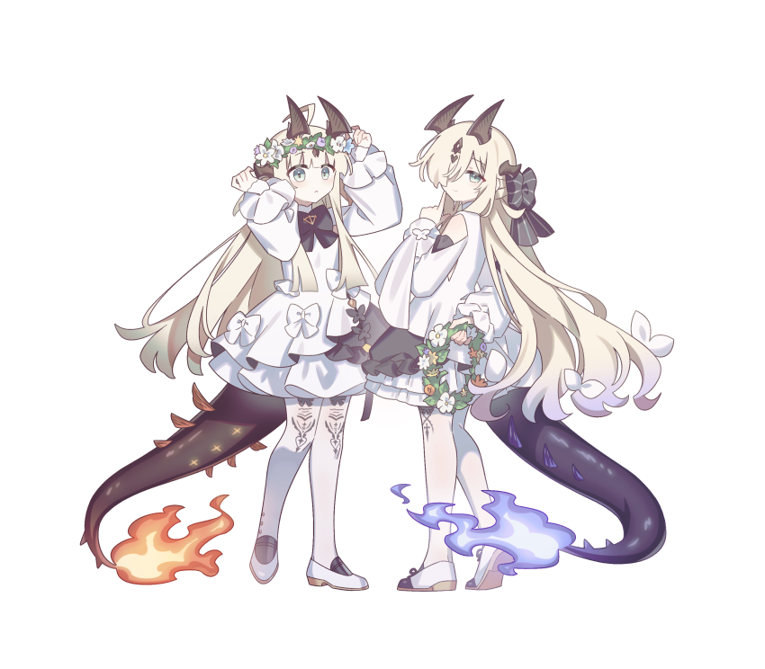 2girls, :o, absurdres, aged_down, ahoge, arknights, black_bow, blush, bow, clothing_cutout, dragon_girl, dragon_horns, dragon_tail, dress, facial_mark, fire, flame-tipped_tail, forehead_mark, full_body, gradient_hair, green_eyes, green_hair, head_wreath, highres, holding_head_wreath, horns, isikishoku_akn, light_smile, long_hair, multicolored_hair, multiple_girls, necrass_(arknights), necrass_(young)_(arknights), pantyhose, purple_hair, reed_(arknights), reed_(young)_(arknights), shoes, shoulder_cutout, siblings, simple_background, sisters, tail, white_background, white_bow, white_dress, white_shoes
