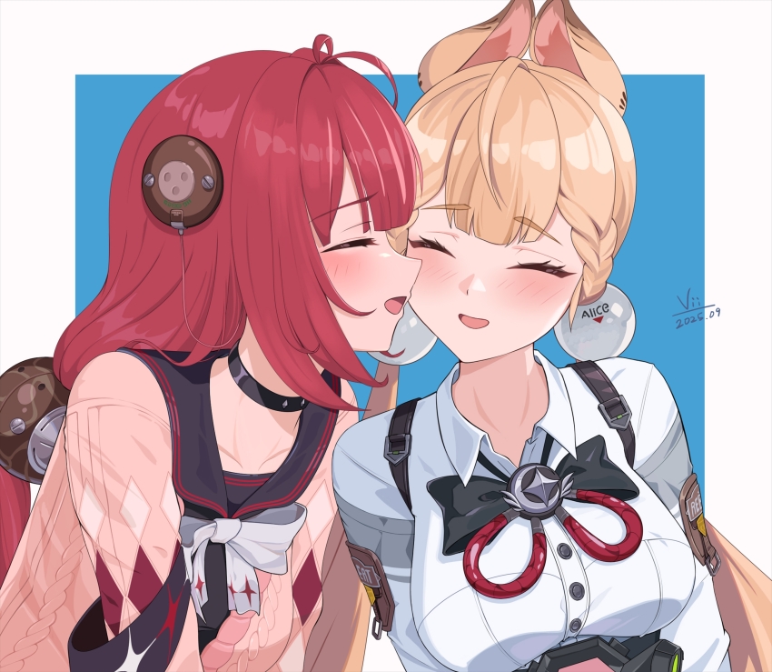 2girls, absurdres, alice_thymefield, best_friends_forever, black_sailor_collar, blonde_hair, breasts, cable