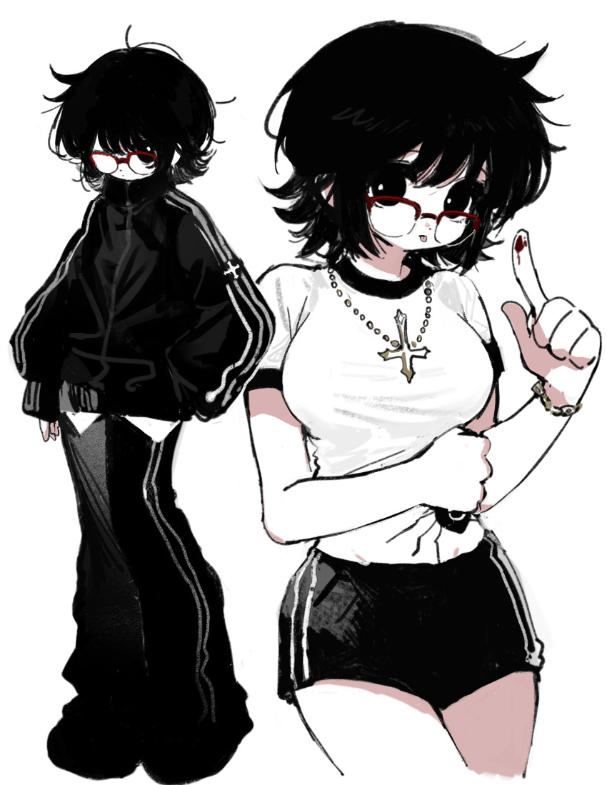 1girl, absurdres, ambiguous_red_liquid, black_eyes, black_hair, black_jacket, black_pants, black_shorts