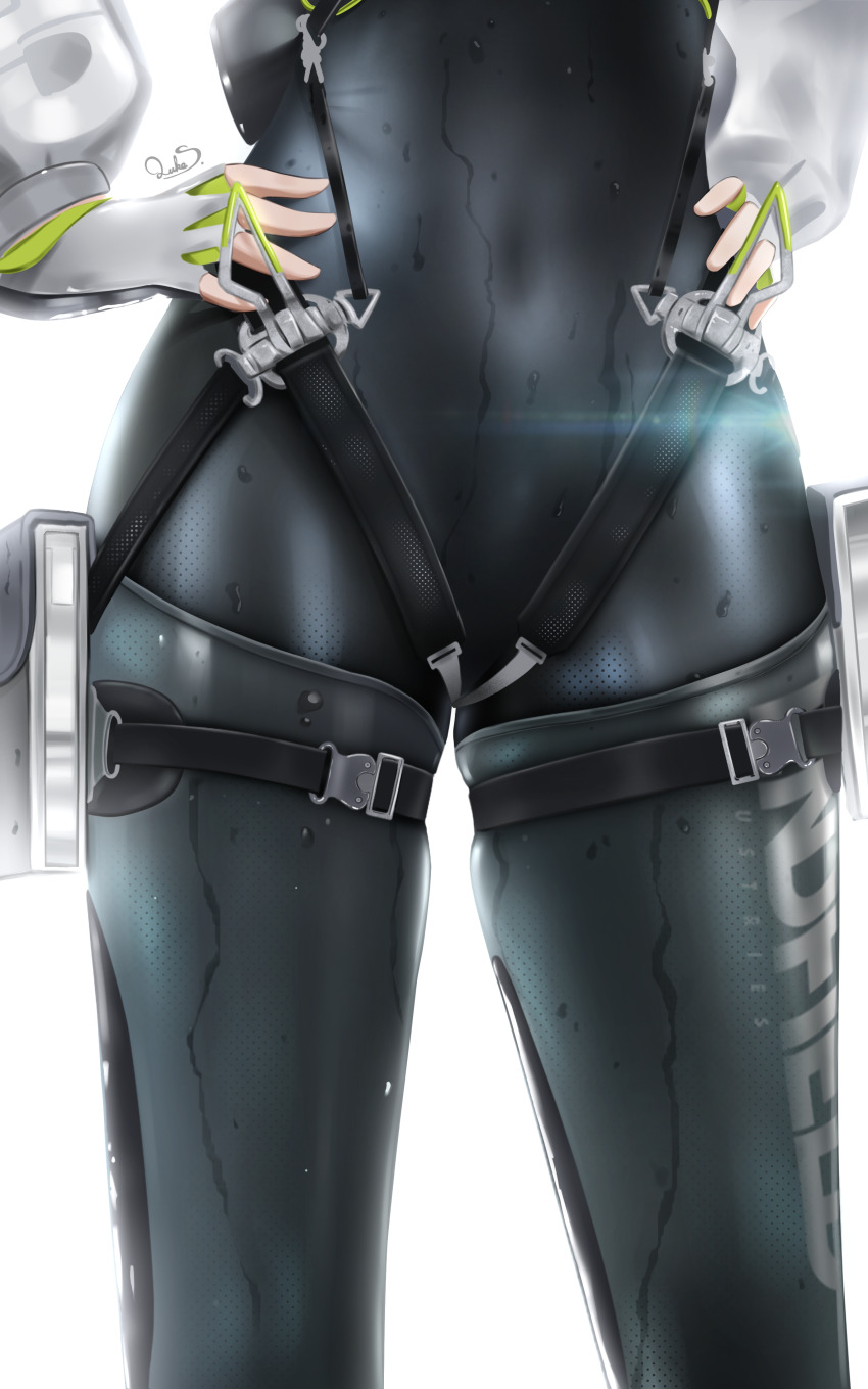 1girl, absurdres, arknights, arknights:_endfield, black_bodysuit, bodysuit, commentary, covered_navel, fingerless_gloves, fluorite_(arknights), gloves, hands_on_own_hips, harness_belt, highres, long_sleeves, lower_body, luke_s_(artist), puffy_long_sleeves, puffy_sleeves, simple_background, solo, wet, white_background, white_gloves