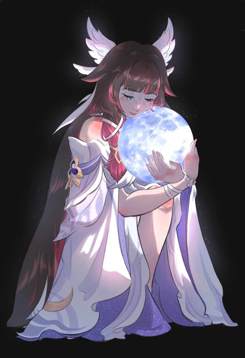 1girl, absurdres, arm_ribbon, artist_name, bare_shoulders, black_background, black_hair, closed_eyes