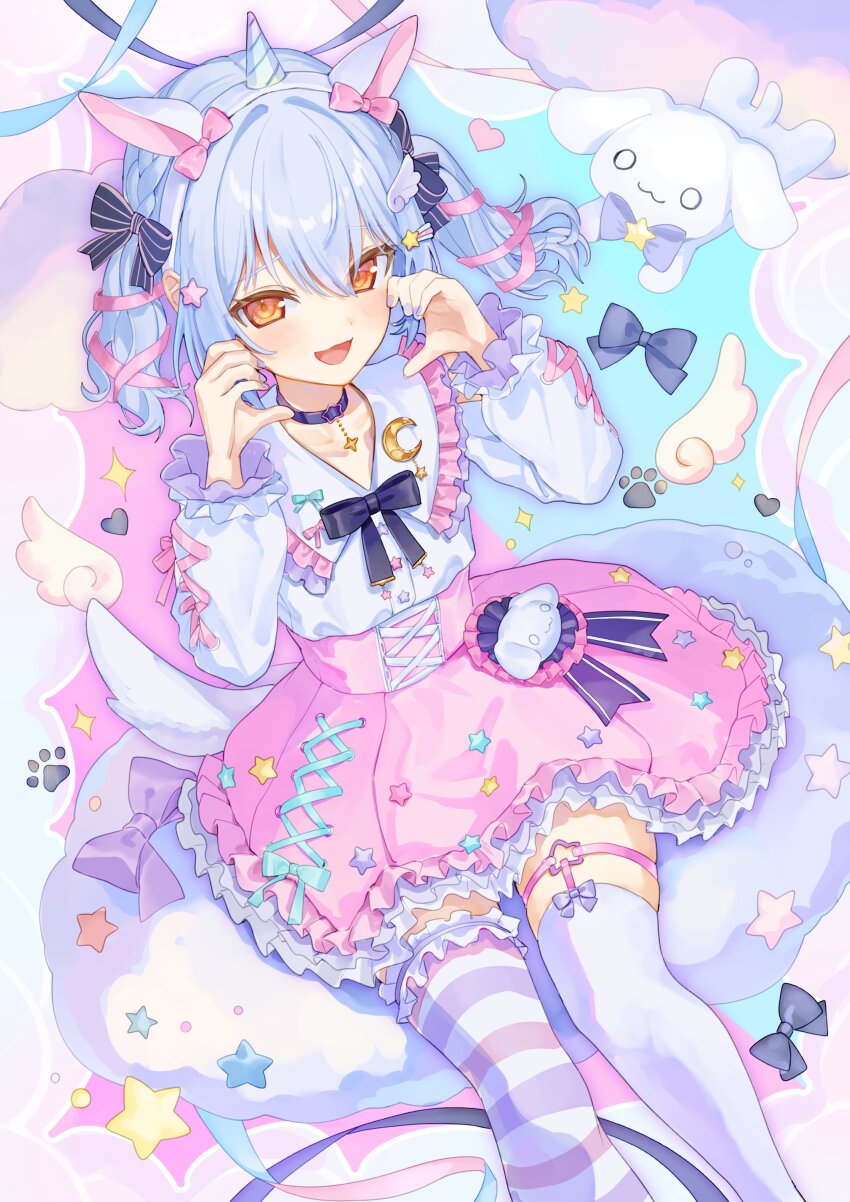 1girl, absurdres, animal_ears, black_bow, black_choker, blue_bow, blue_hair, bow, braid, choker, commentary_request, commission, crescent, dog_tail, fake_animal_ears, fake_horns, frilled_skirt, frills, hair_bow, hair_ribbon, hairband, hands_up, high-waist_skirt, highres, horn_hairband, horns, horse_ear_hairband, inuyama_tamaki, layered_skirt, long_sleeves, looking_at_viewer, medium_hair, noripro, open_mouth, pendant_choker, pink_bow, pink_ribbon, pink_skirt, purple_bow, ribbon, roena, shirt, short_twintails, sitting, skeb_commission, skirt, solo, striped_clothes, striped_thighhighs, tail, thighhighs, twintails, unicorn_horn, virtual_youtuber, white_hairband, white_shirt, white_thighhighs, yellow_eyes, yume_kawaii