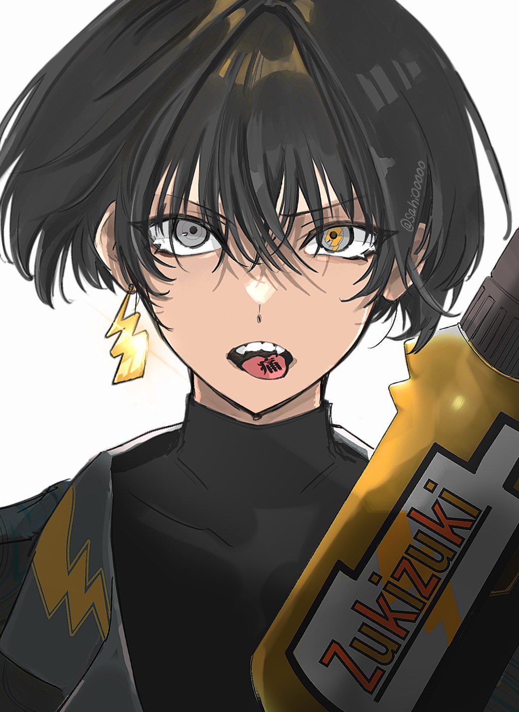 1boy, black_hair, black_shirt, character_request, choppy_bangs, copyright_request, earrings, grey_eyes