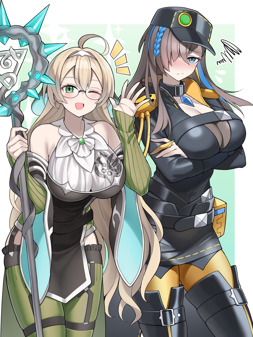 2girls, absurdres, bare_shoulders, blonde_hair, blue_eyes, blue_hair, blush, boots