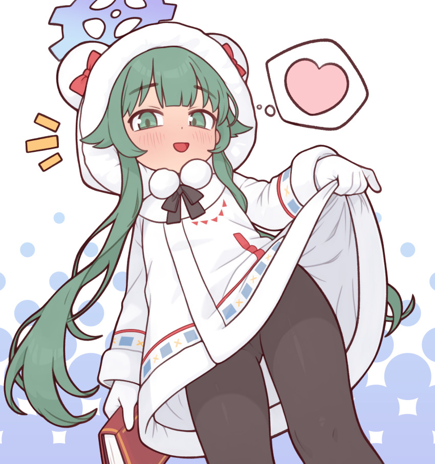 1girl, :d, black_pantyhose, blue_archive, blue_halo, cameltoe, casytay, coat, gloves, green_eyes, green_hair, halo, heart, highres, holding, hood, lifting_own_clothes, loli, long_hair, looking_at_viewer, momiji_(blue_archive), open_mouth, pantyhose, smile, solo, white_gloves