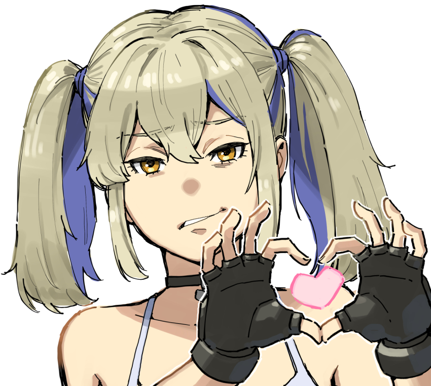 1girl, black_gloves, blonde_hair, choker, commentary_request, disgust, fingerless_gloves, gloves