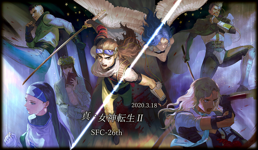 3girls, 4boys, aleph_(megami_tensei), angel_(megami_tensei), angel_wings, anniversary, armor, bandages