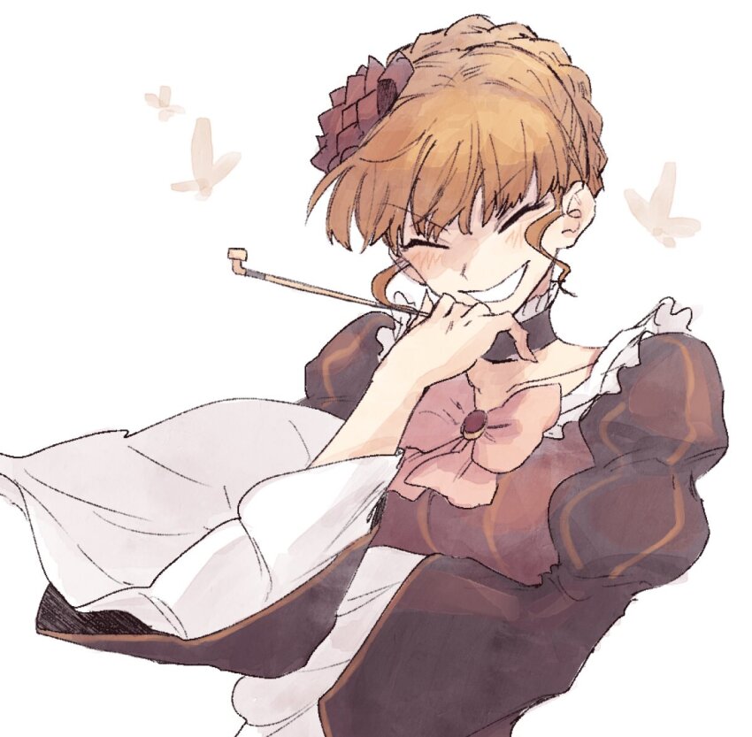 1girl, beatrice_(umineko), black_dress, blonde_hair, bow, bug, butterfly, closed_eyes