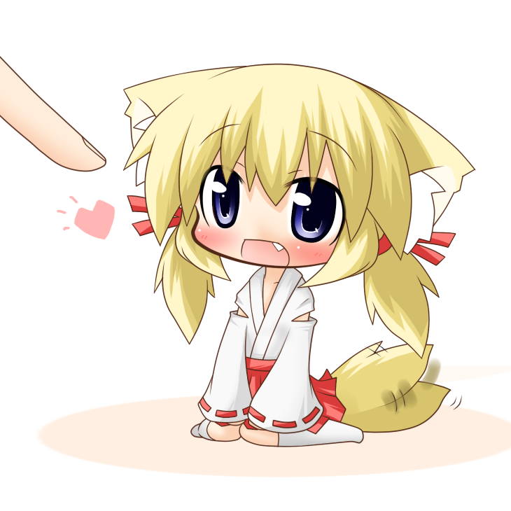 1girl, animal_ears, blonde_hair, blue_eyes, blush, chibi, fang, japanese_clothes, koyomi_(shinshia), miko, open_mouth, original, shinshia, solo_focus, tail