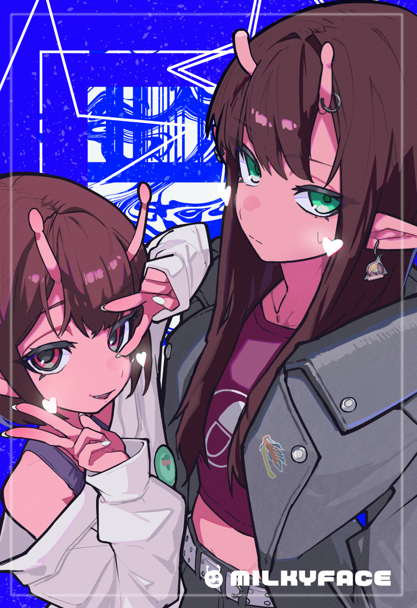 2girls, absurdres, alien, antennae, belt, black_jacket, black_pants, brown_hair