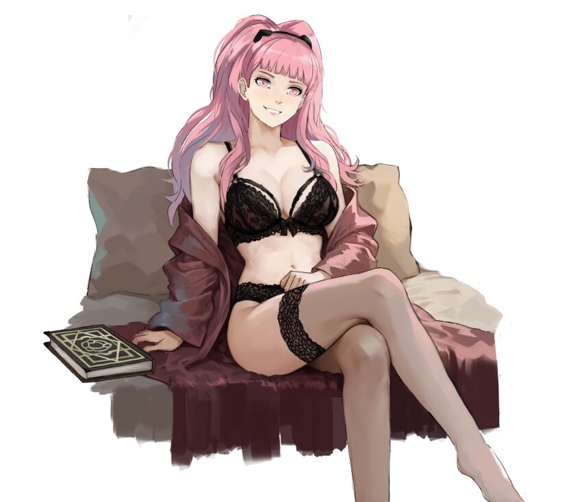 1girl, bare_shoulders, black_bra, black_panties, book, bra, breasts, cleavage