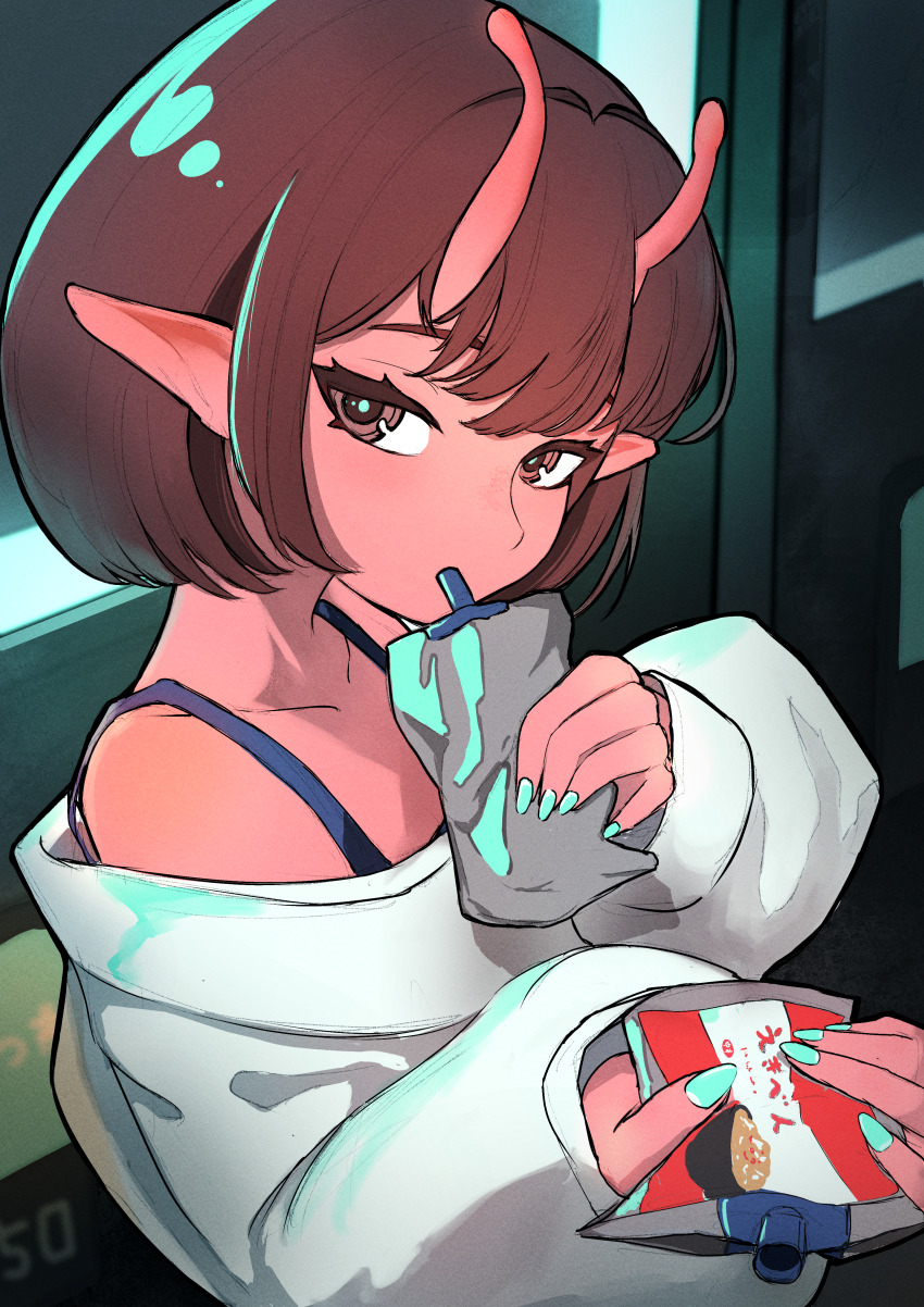 1girl, absurdres, alien, antennae, aqua_nails, brown_hair, colored_skin, eating