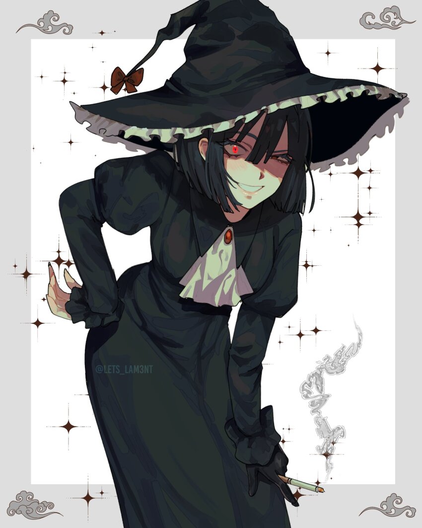 1girl, alternate_costume, artist_name, ascot, black_dress, black_hair, black_hat, blunt_ends