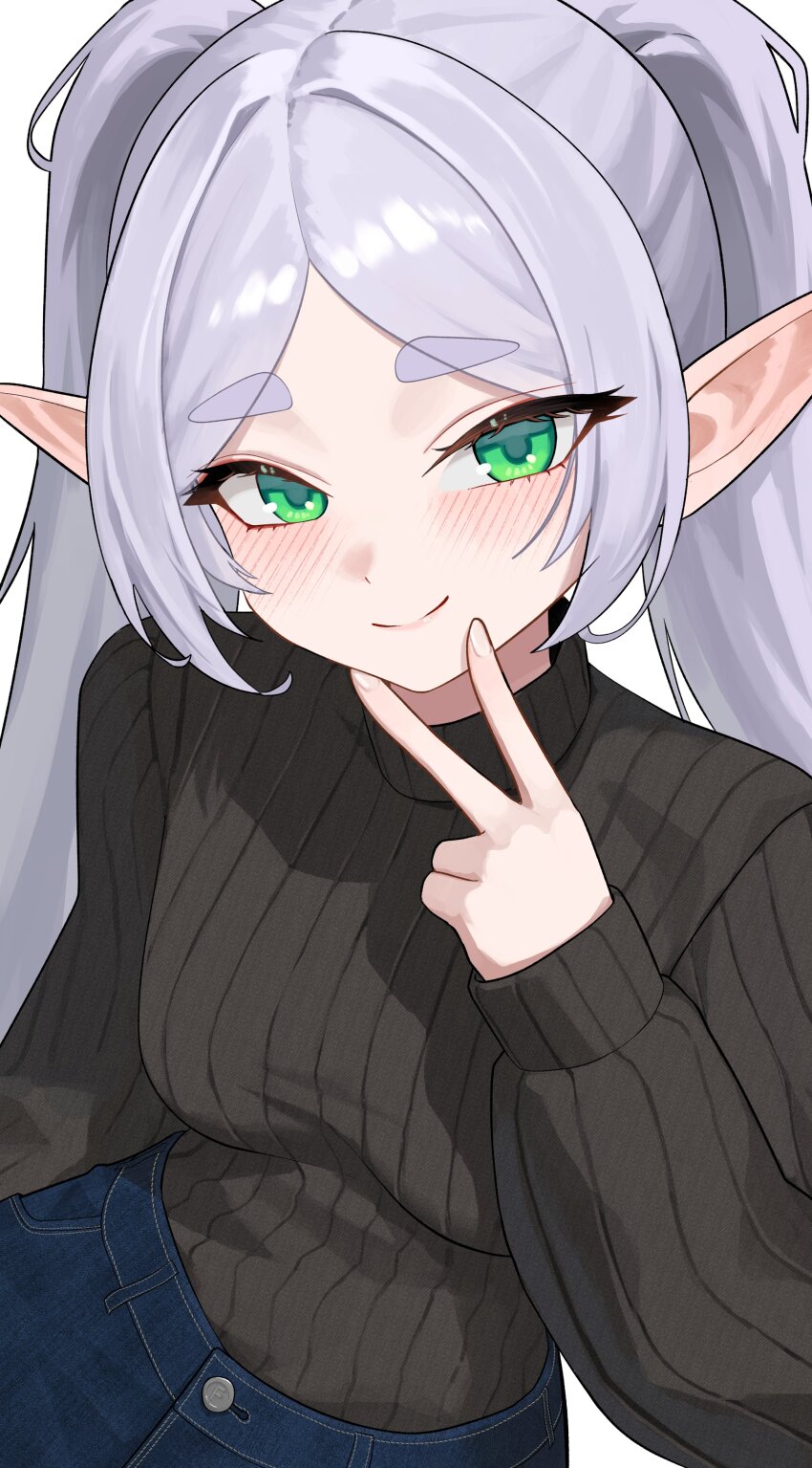 1girl, absurdres, black_sweater, breasts, casual, closed_mouth, commentary_request, denim, dolgom, elf, fingers_on_chin, frieren, green_eyes, grey_hair, hashtag-only_commentary, highres, jeans, light_blush, long_hair, looking_at_viewer, pants, parted_bangs, pointy_ears, ribbed_sweater, short_eyebrows, sleeves_past_wrists, small_breasts, smile, solo, sousou_no_frieren, sweater, thick_eyebrows, turtleneck, turtleneck_sweater, twintails, upper_body