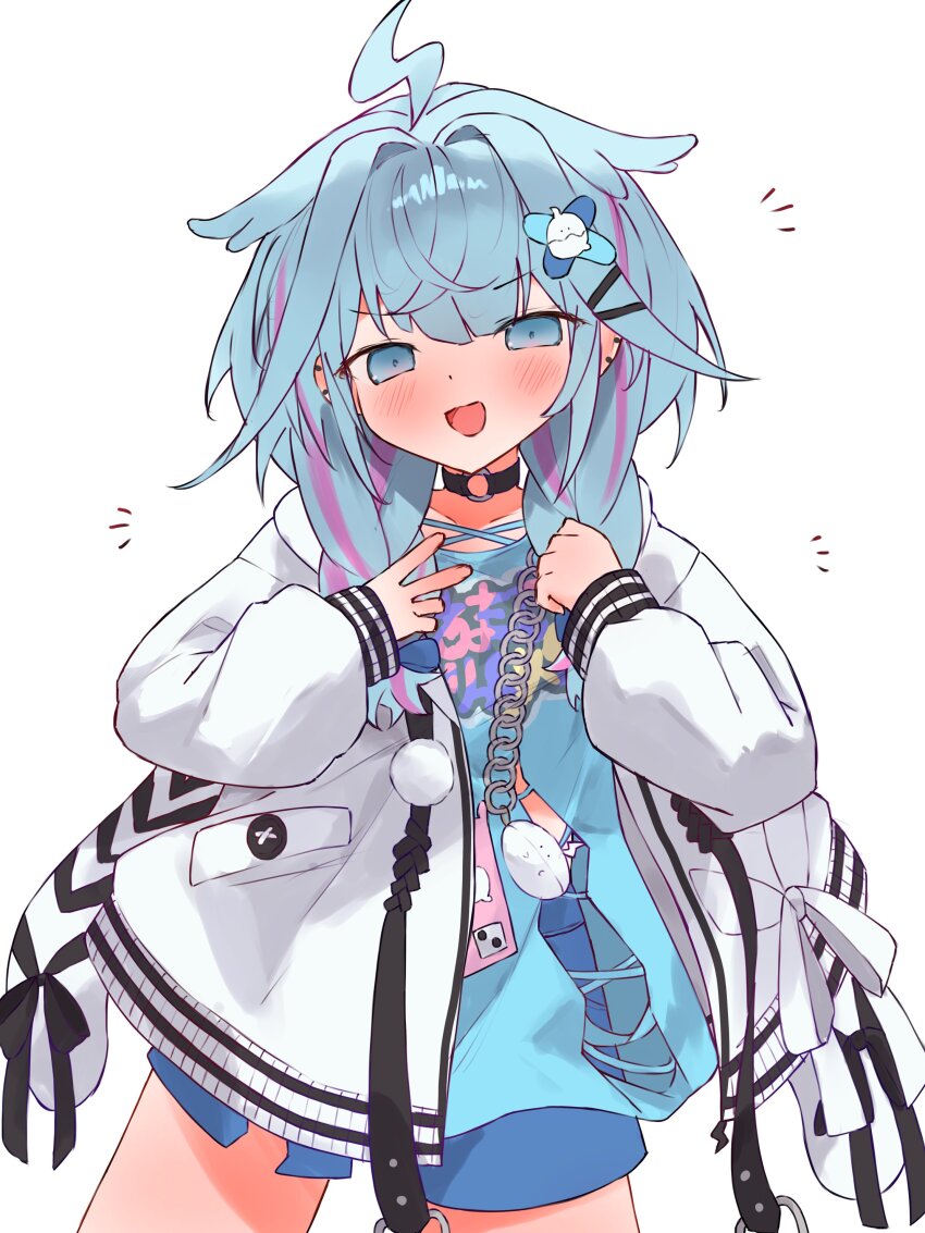 1girl, absurdres, ahoge, black_choker, blue_eyes, blue_hair, blue_shirt, blue_shorts