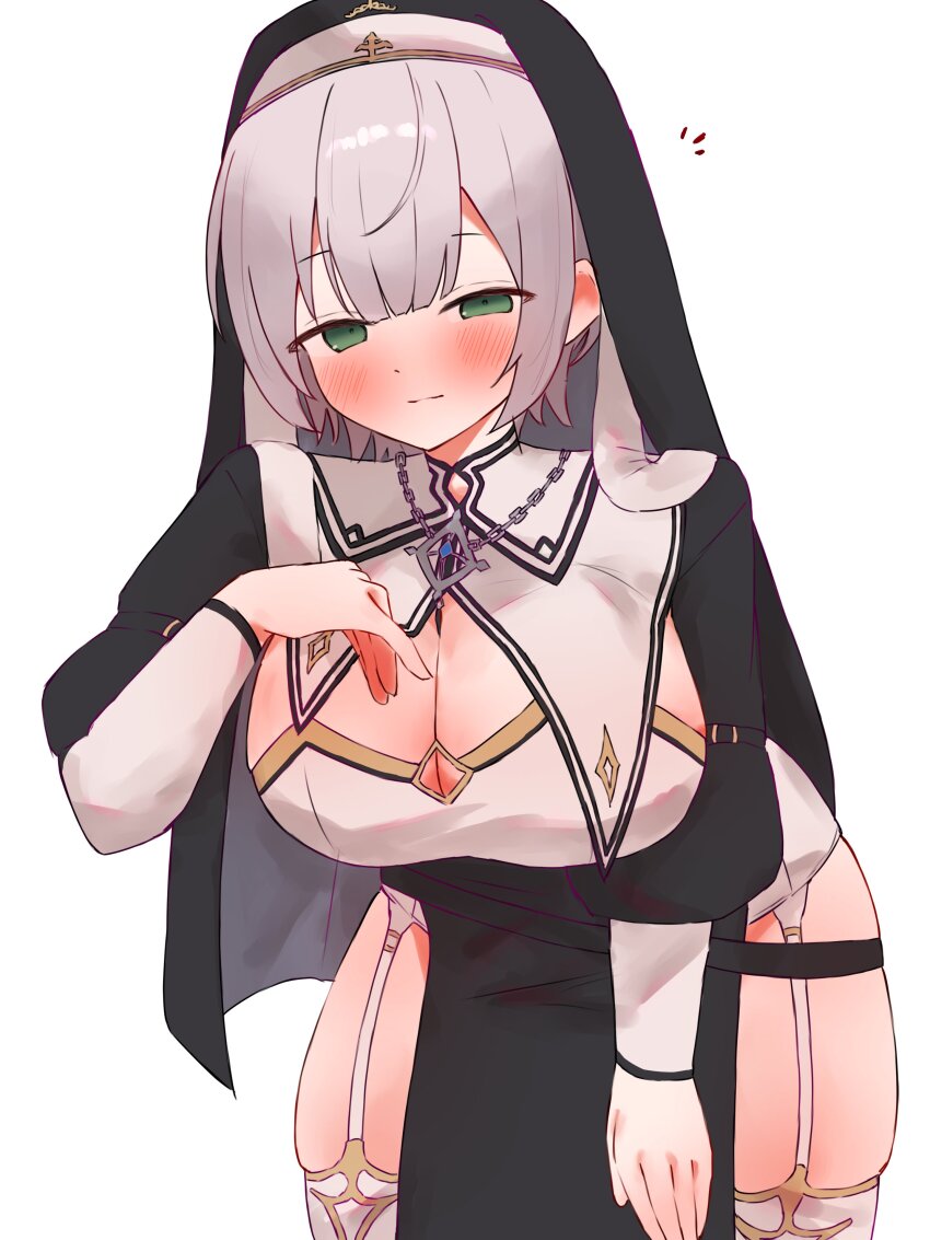 1girl, absurdres, black_dress, black_headdress, blush, breasts, cleavage, closed_mouth, dress, garter_straps, green_eyes, grey_hair, highres, hololive, large_breasts, looking_at_viewer, medium_hair, nun_headdress, official_alternate_costume, shirogane_noel, shirogane_noel_(battle_nun), solo, tepenchi, thighhighs, virtual_youtuber, white_background, white_garter_straps, white_thighhighs