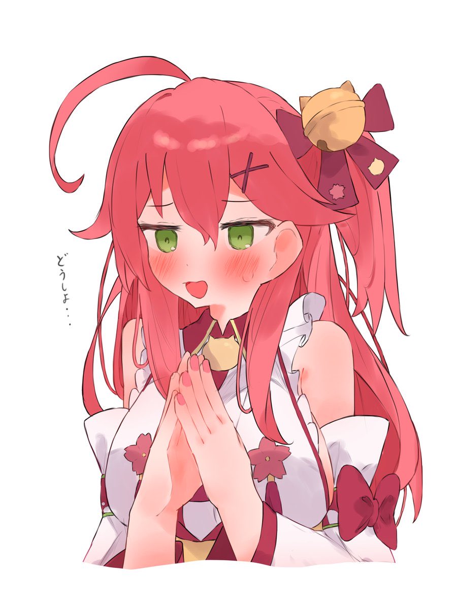 1girl, bell, detached_sleeves, green_eyes, hair_between_eyes, hair_ornament, highres, hololive