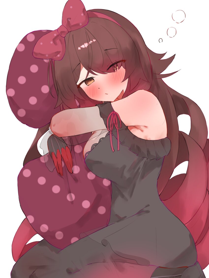 1girl, absurdres, black_gloves, blush, bow, bow_headband, breasts, brown_hair