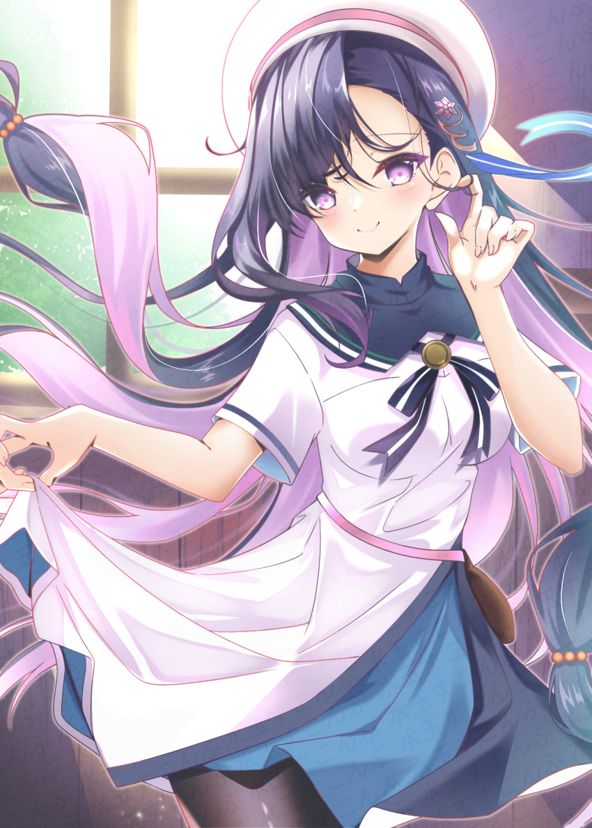 1girl, anemoi, beads, beret, black_hair, black_pantyhose, blue_dress, blush