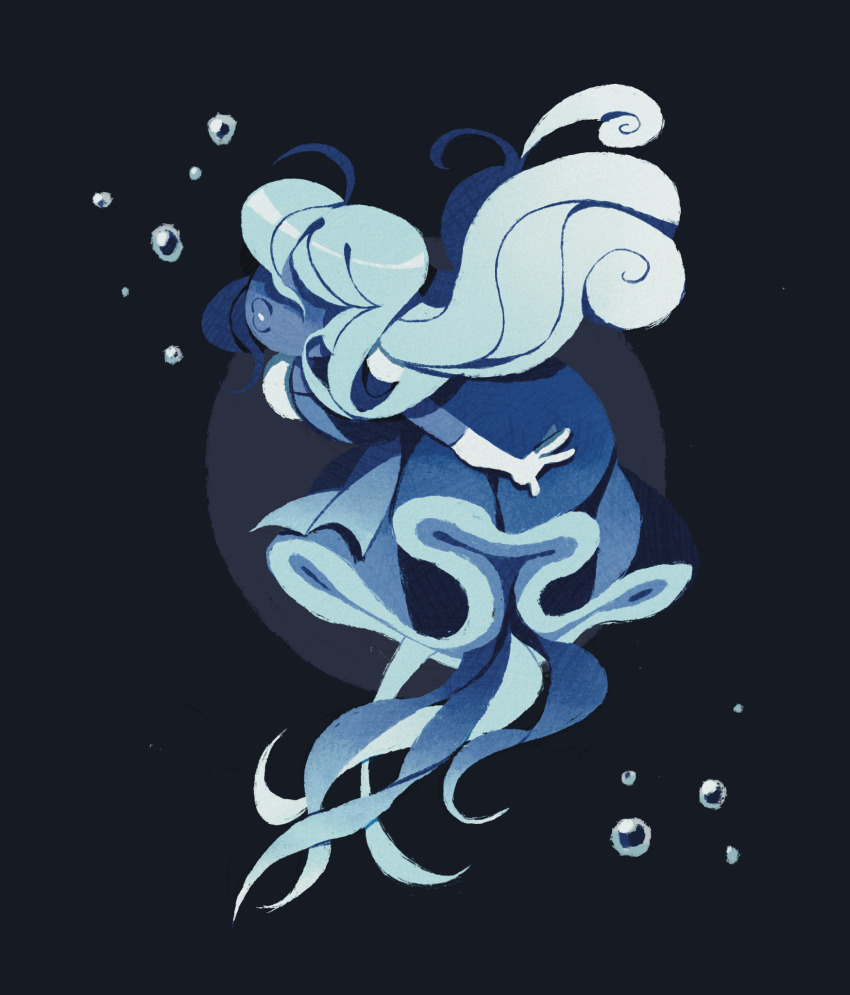 1girl, air_bubble, blue_dress, blue_hair, blue_skin, bubble, colored_skin, dress, full_body, gloves, highres, jellyfish, long_hair, mermay_2025, procreate_(medium), procyoren, sapphire_(steven_universe), solo, steven_universe, white_gloves