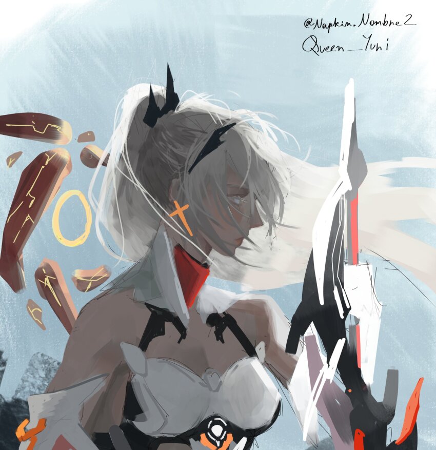 1girl, bare_shoulders, commentary, cross, cross_earrings, dress, earrings, english_commentary