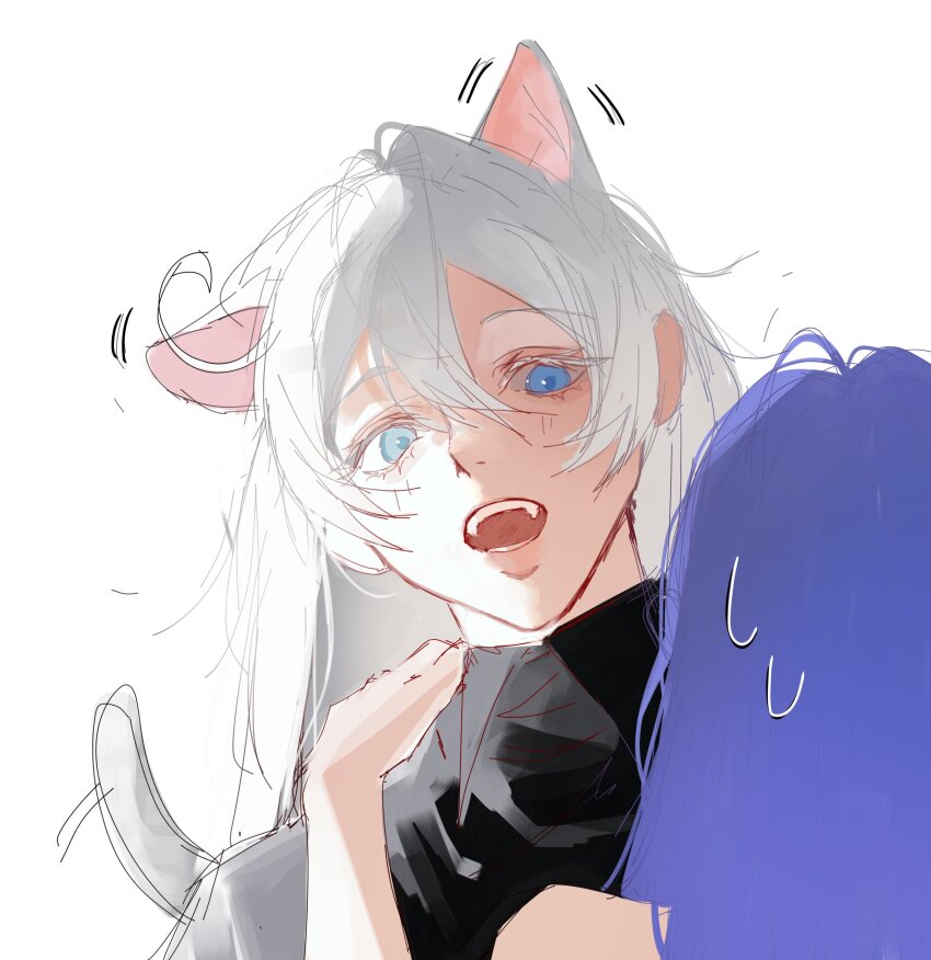 2girls, absurdres, animal_ears, black_shirt, blue_eyes, blue_hair, cat_ears, cat_girl