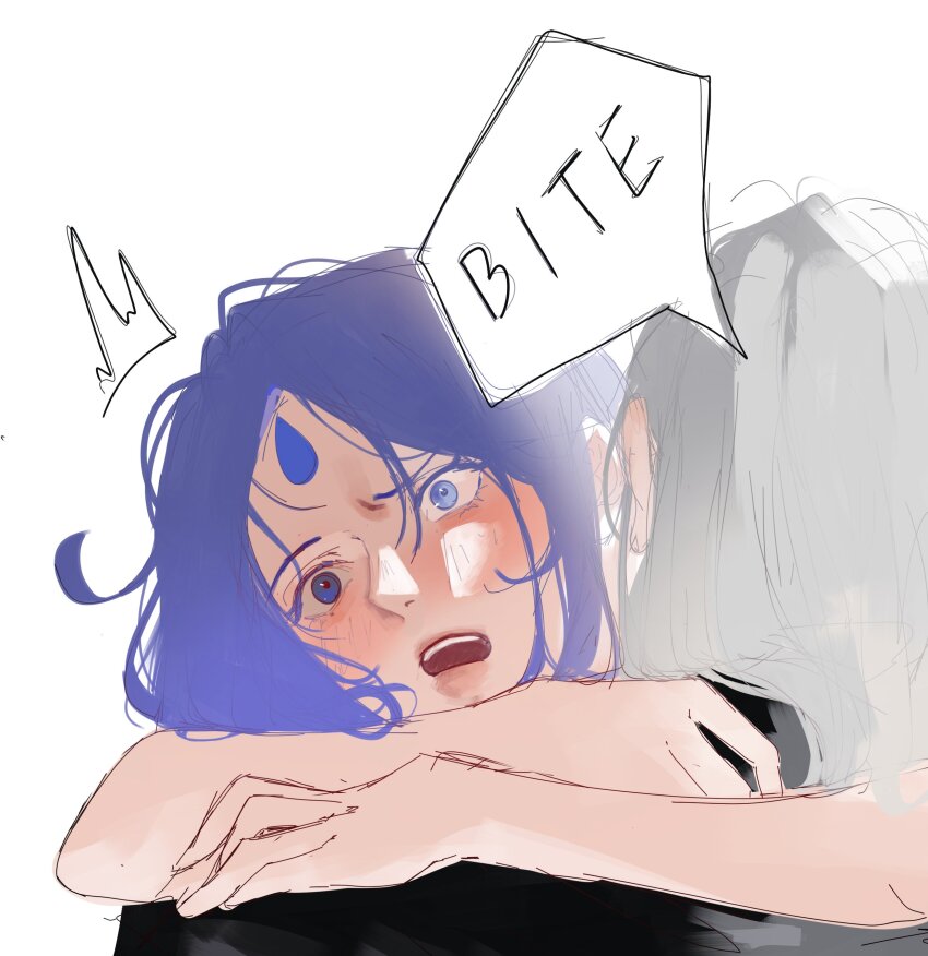 2girls, absurdres, biting, black_shirt, blue_eyes, blue_hair, blush, commentary