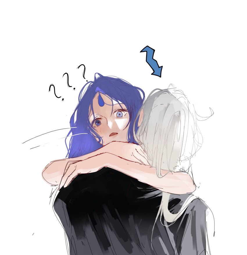 2girls, ?, ??, absurdres, arms_around_neck, arrow_(symbol), black_shirt, blue_eyes