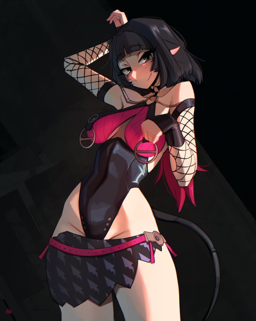 1girl, alternate_costume, artist_name, black_background, black_hair, black_one-piece_swimsuit, breasts, choker