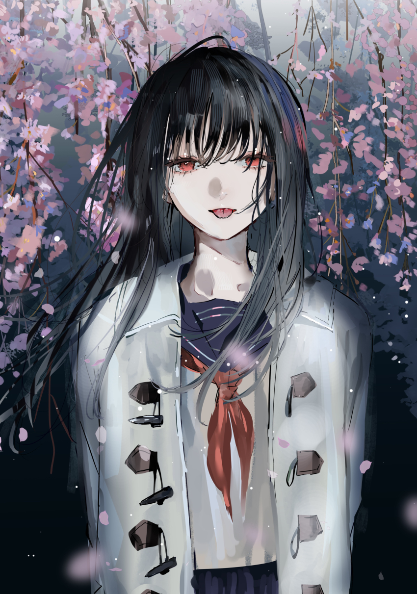 1girl, absurdres, black_hair, flower, hagimorijia, highres, jacket, long_hair