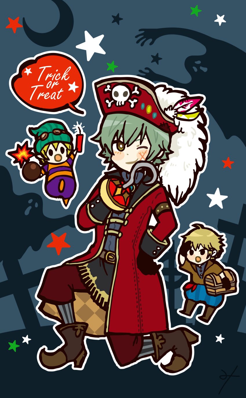 3boys, ;), absurdres, bad_id, bad_pixiv_id, blonde_hair, blue_pants, brown_shoes