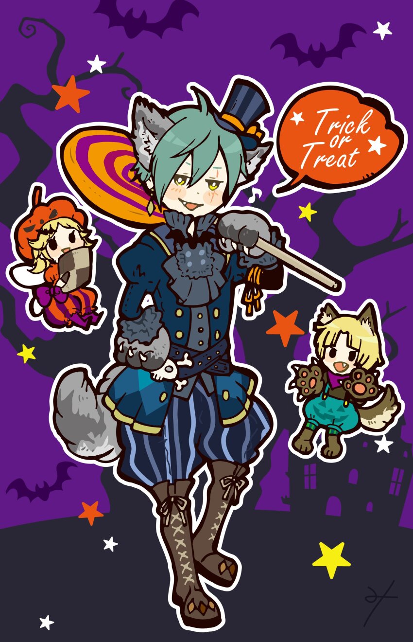 1girl, 2boys, absurdres, alternate_costume, animal_ears, animal_hands, bad_id, bad_pixiv_id