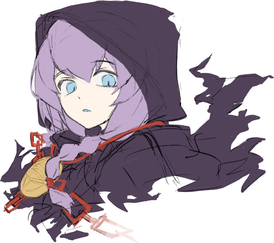 1girl, black_cloak, blue_eyes, braid, chain, cloak, curse_maker, curse_maker_2, etrian_odyssey, hood, hood_up, hooded_cloak, long_hair, looking_at_viewer, medallion, portrait, purple_hair, remase2642, sekaiju_no_meikyuu, sekaiju_no_meikyuu_1, solo, twin_braids, unfinished