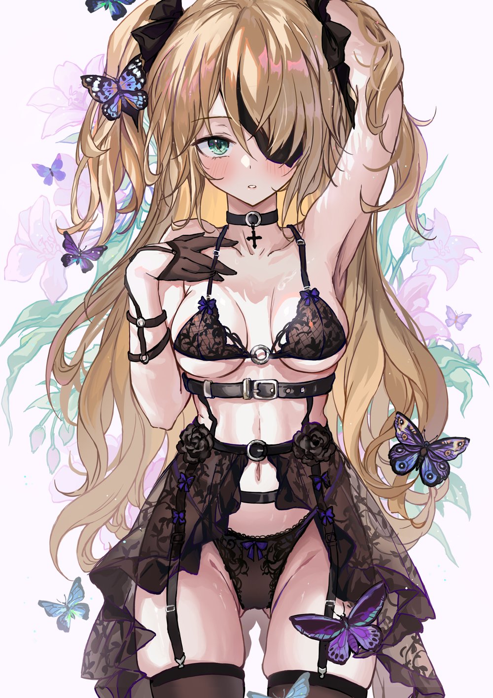1girl, armpits, black_bra, black_gloves, black_panties, blonde_hair, blush, bow, bow_bra, bow_panties, bra, breasts, bud, bug, butterfly, buttons, choker, collar, cross, eyepatch, fischl_(genshin_impact), flower, garter_belt, garter_straps, genshin_impact, gloves, green_eyes, hair_bow, hand_on_own_chest, hand_on_own_head, highres, insect, lace, lace-trimmed_bra, lace-trimmed_thighhighs, lace_panties, lace_trim, leaf, long_hair, looking_at_viewer, medium_breasts, navel, open_mouth, panties, pink_flower, saya_(mychristian2), see-through_clothes, see-through_skirt, shadow, simple_background, skinny, skirt, solo, standing, suspender_skirt, suspenders, thighhighs, twintails, twintails_with_hair_base, underboob, underwear, white_background