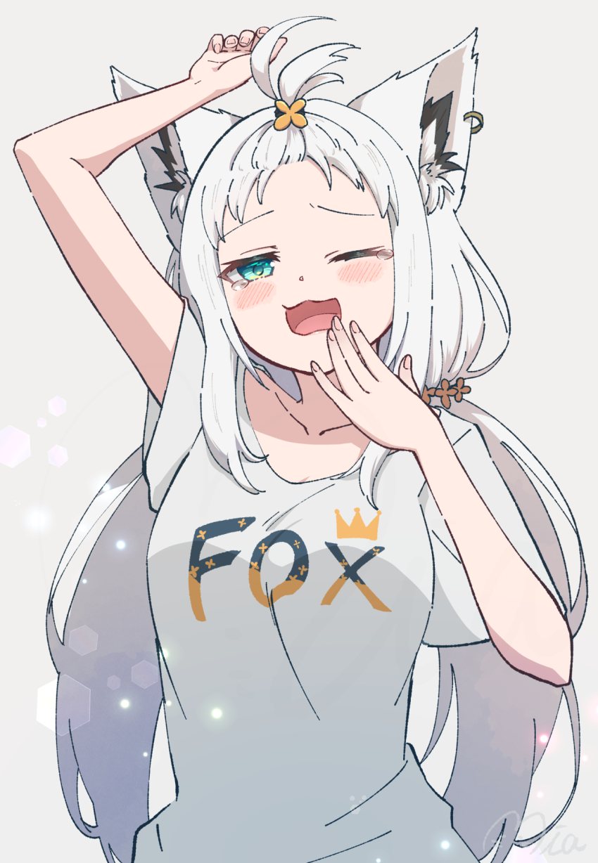 1girl, ;o, animal_ear_fluff, animal_ear_piercing, animal_ears, aqua_eyes, arm_up, blush, breasts, collarbone, commentary_request, fox_ears, grey_background, hair_ornament, hand_up, highres, hololive, long_hair, looking_at_viewer, medium_breasts, mia960, non-circular_lens_flare, one_eye_closed, open_mouth, print_shirt, shirakami_fubuki, shirt, short_sleeves, signature, simple_background, solo, tearing_up, tears, twintails, virtual_youtuber, white_hair, white_shirt, yawning