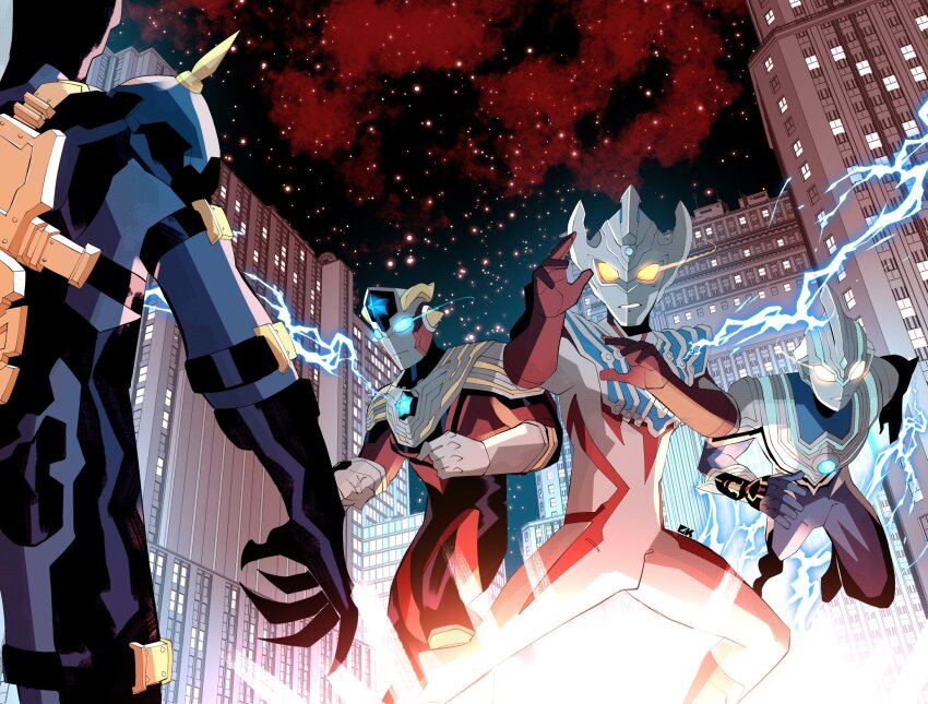 4boys, alien, armor, black_gloves, black_skin, blue_eyes, blue_skin, boots